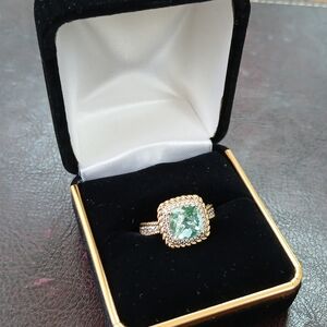 Diamonique Brand 18K Gold Clad Simulated Green Quartz Ring, Size 6